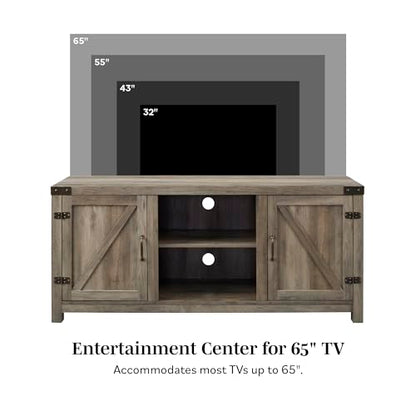 Larae Modern Farmhouse Barn Door TV Stand for TVs up to 65 Inches, 58 Inch TV Table for Living Room, Without Fireplace, Grey Wash