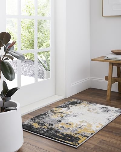 Area Rugs - 2x3 Pepin Modern Abstract Black Rug for Living Room Bedroom - Small Charcoal Gray Mustard Boho Stain Resistant Carpet for Entryway, Kitchen and Office (2' x 3')