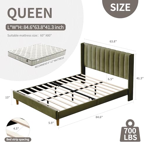 Queen Bed Frame，Platform Bed with Upholstered Headboard，GrassGreen, view 3