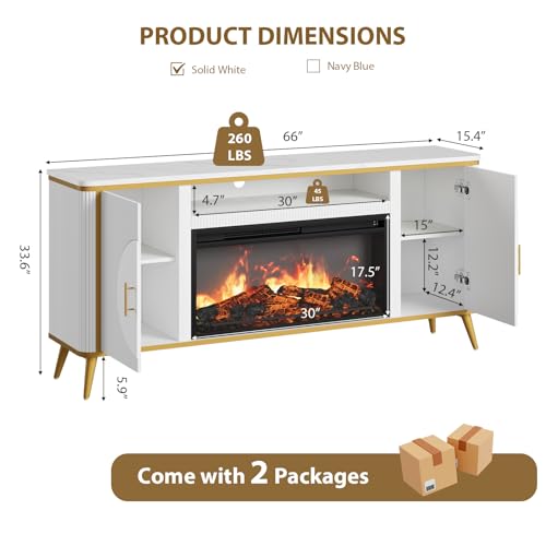 Fluted Fireplace TV Stand Up to 80" TVs, Modern Entertainment Center with 30" Electric Fireplace, Luxury Media Console with Adjustable Shelves for Living Room, White