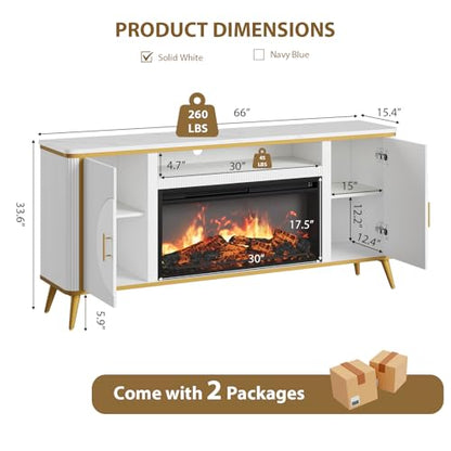 Fluted Fireplace TV Stand Up to 80" TVs, Modern Entertainment Center with 30" Electric Fireplace, Luxury Media Console with Adjustable Shelves for Living Room, White