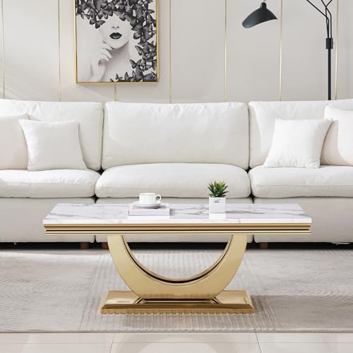 Luxury Faux Marble Coffee Table, 47" White Sofa Coffee Table with 0.71" Thick Marble Tabletop and Gold Mirrored Stainless Steel Base, Modern Cocktail Table Center Table for Living Room Office