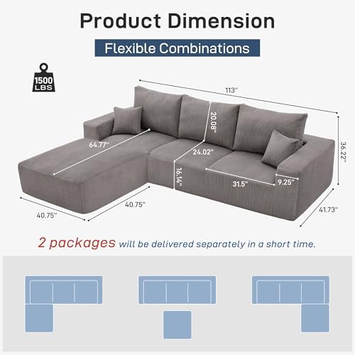 Sectional Cloud Boneless Sofa Couches for Living Room-113'' Gray 3 Seater L-Shaped Modern Lounge Couch-No Assembly Modular Corduroy Convertible Sponge Sleeper Sofas with Chaise for Home House