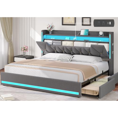 King Size Bed Frame with 4 Drawers, Storage Headboard and LED Lights, view 2