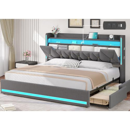 King Size Bed Frame with 4 Drawers, Storage Headboard and LED Lights, view 2