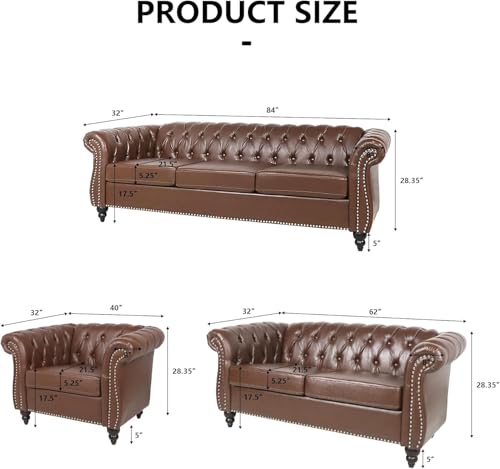 Chesterfield Leather Sofa 3 Seater Couch, Mid-Century Large Sofa Roll Arm Classic Tufted Settee Modern PU Sofa with Channel Tufted Seat Back for Living Room, Office, Apartment, PU Brown