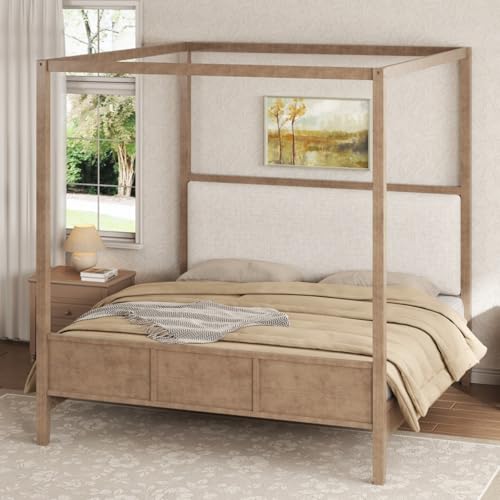 Canopy Bed King Size with Upholstered Headboard, Footboard, Natural, view 4