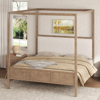 Canopy Bed King Size with Upholstered Headboard, Footboard, Natural, view 4