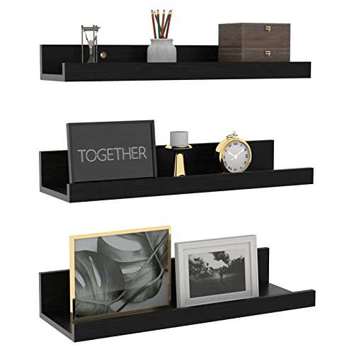 16 Inch Black Floating Shelves for Wall Mount, Woodgrain Wall Shelf Ledge for Bathroom Bedroom Kitchen Living Room Office Storage, Set of 3 Different Sizes