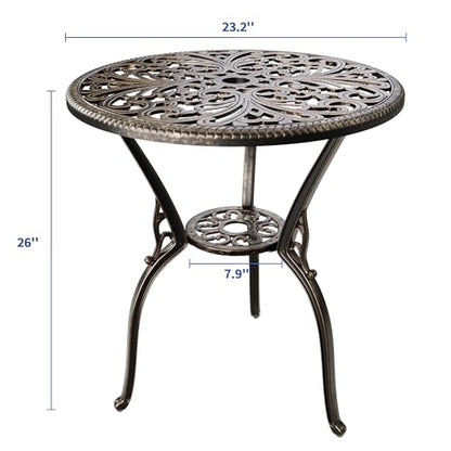 Patio 23''Cast Aluminum Side Table with Umbrella Hole,Outdoor Small Coffee Tables,Anti-Rust Bistro Table,Round End Table,Outdoor Furniture for Indoor,Patio,Garden,Porch,Balcony,Retro Bronze