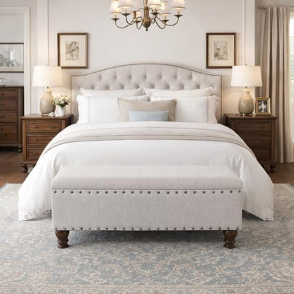Home Decor | Upholstered Bench with Nailhead Trim | Large Ottoman with Storage for Living Room & Bedroom | Decorative Home Furniture, Gray Woven
