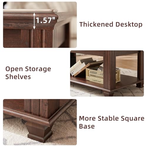 Farmhouse Coffee Tables for Living Room,Square Living Room Tables with Open Storage Shelf,Large Modern Coffee Table,Rustic Brown Center Table,Walnut