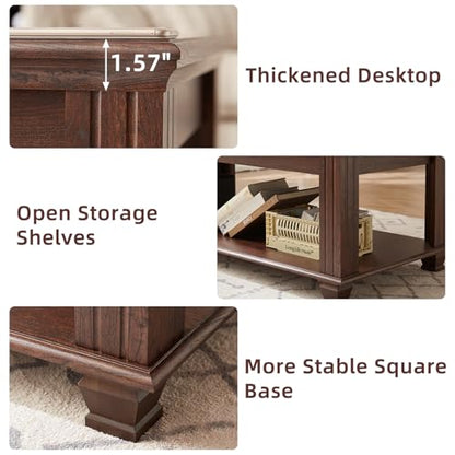 Farmhouse Coffee Tables for Living Room,Square Living Room Tables with Open Storage Shelf,Large Modern Coffee Table,Rustic Brown Center Table,Walnut