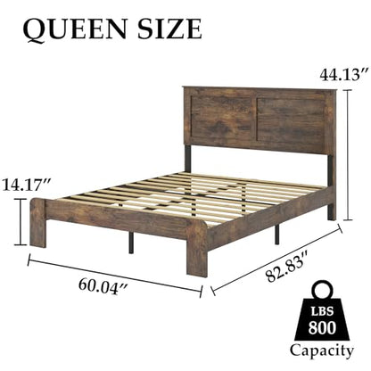 DWOYFO Wood Platform Bed Frame, Queen Bed Frame with Headboard, Dark Brown, view 3