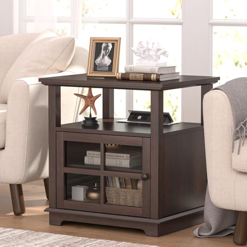 Espresso tall end table with charging station and adjustable shelf