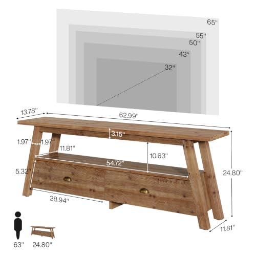 63" Solid Wood TV Stand, 2-Tier Media Console with Drawers, view 4