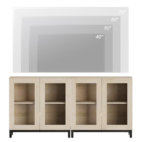 Modern TV Stand with Glass Doors for 40-70 inch TVs, 2 in 1 Entertainment Center Console with Adjustable Shelves and Metal Base for Living Room, Bedroom, Beige