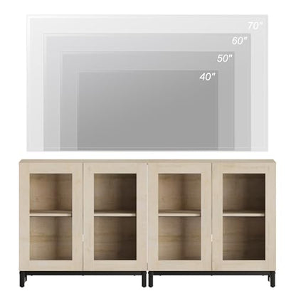 Modern TV Stand with Glass Doors for 40-70 inch TVs, 2 in 1 Entertainment Center Console with Adjustable Shelves and Metal Base for Living Room, Bedroom, Beige