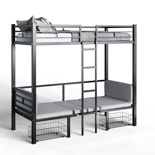 Full Size Loft Bed with Drawer and Desk & Table Sets Transformable for Bedroom,Dormitory,Living Room,Metal Sturdy Bed Frame w/Full-Length Guardrails,Full Over Full Bunk Bed,Black