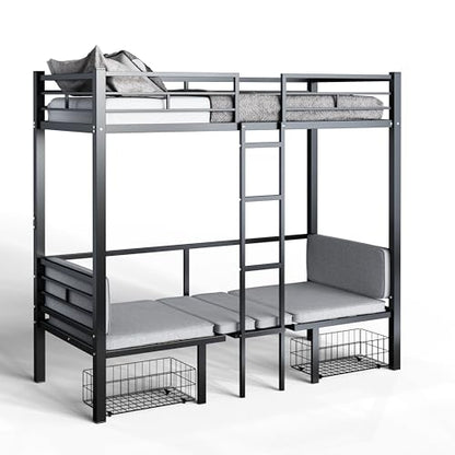 Full Size Loft Bed with Drawer and Desk & Table Sets Transformable for Bedroom,Dormitory,Living Room,Metal Sturdy Bed Frame w/Full-Length Guardrails,Full Over Full Bunk Bed,Black