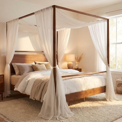 Queen Size Wood Canopy Bed Frame, Walnut Vintage Four-Posters Frames, view 6