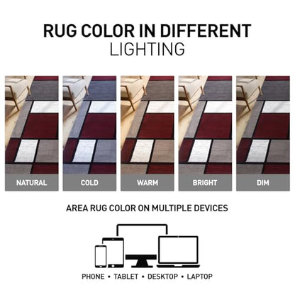 Modern Geometric Boxes Red Area Rug, Non-Shedding Carpet for Living Room, Bedroom, or Dining Room, 5'3" x 7'3"