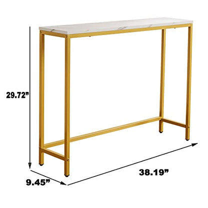 Small Console Table for Entryway, Faux Marble MDF Sofa Table with Golden Frame, Single Layer, White Marble, 9.45" D x 38.19" W x 30" H
