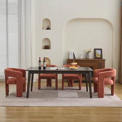 Modern Barrel Dining Chairs Set of 4, Upholstered Linen Dining Room Chair with Wooden Legs, Accent Chairs with Arms, Comfy Side Armchairs for Kitchen/Dining Room/Living Room, Orange