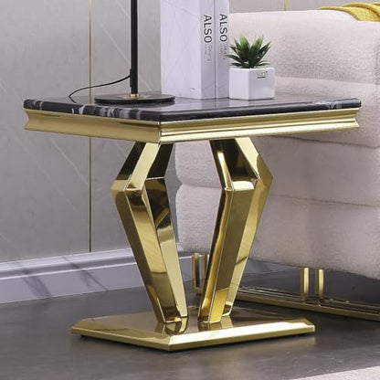 Black and Gold End Table for Living Room, Modern Square Side Table with Polished Stainless Steel Geometric Diamond Base