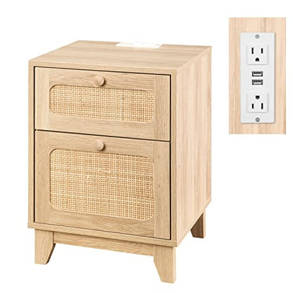 Rattan Nightstands Set of 2 with Charging Station, Wood Night Stands with Drawer and Cabinet, Boho Bedside Tables with USB & Type-C, Side End Tables for Bedroom