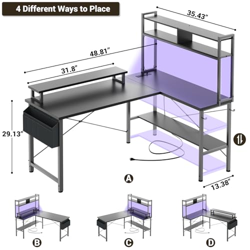 L Shaped Gaming Desk with Power Outlets & LED Lights, Black, view 3