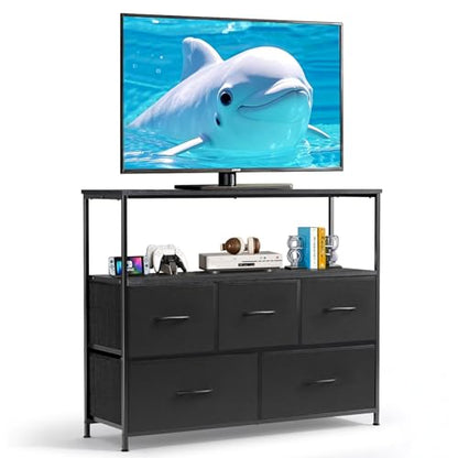 TV Stand, 5 Fabric Drawers Entertainment Center for TV up to 45 inch Wooden Media Console Table with Open Shelf, for Living Room, or Small Space, Black