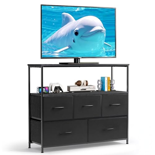 TV Stand, 5 Fabric Drawers Entertainment Center for TV up to 45 inch Wooden Media Console Table with Open Shelf, for Living Room, or Small Space, Black