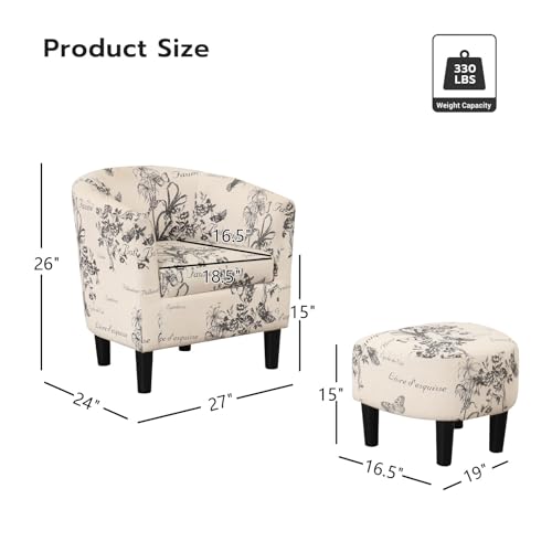 Modern Accent Chair with Ottoman for Small Space, Club Chair with Ottoman Set, Comfy Fabric Barrel Reading Chairs for Living Room Bedroom, Round Reading Chair with Foot Rest, Flower Pattern