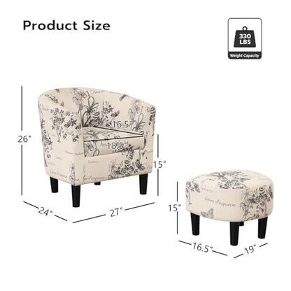 Modern Accent Chair with Ottoman for Small Space, Club Chair with Ottoman Set, Comfy Fabric Barrel Reading Chairs for Living Room Bedroom, Round Reading Chair with Foot Rest, Flower Pattern