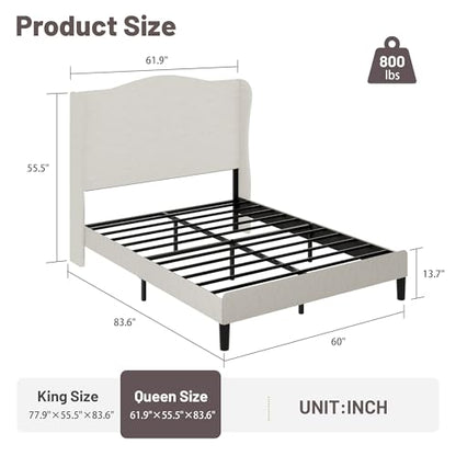 Queen Upholstered Bed Frame with 55.5" Tall Wingback Headboard, view 3