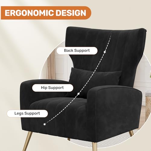 Velvet Accent Chairs Modern High Back Armchair Arm Chair with Lumbar Pillow, High Back Upholstered Single Sofa Chair with Gold Metal Legs for Bedroom,Black