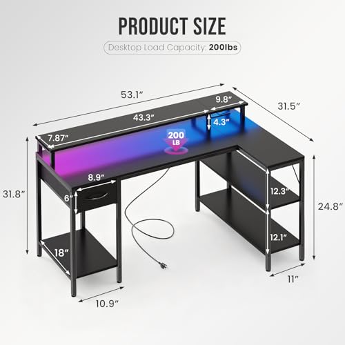 47 Inch L Shaped Gaming Desk, Corner Desks with Shelves, Black, view 3