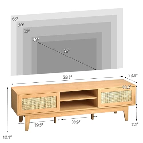 Boho TV Stand for 55 65 Inch TV, Rattan Entertainment Center with Shelves, Cabinets and Sliding Doors, TV Media Console Table with Solid Wood Feet & Cord Holes for Living Room, Bedroom, Natural