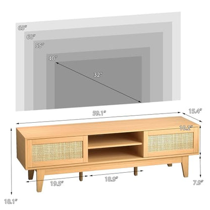 Boho TV Stand for 55 65 Inch TV, Rattan Entertainment Center with Shelves, Cabinets and Sliding Doors, TV Media Console Table with Solid Wood Feet & Cord Holes for Living Room, Bedroom, Natural