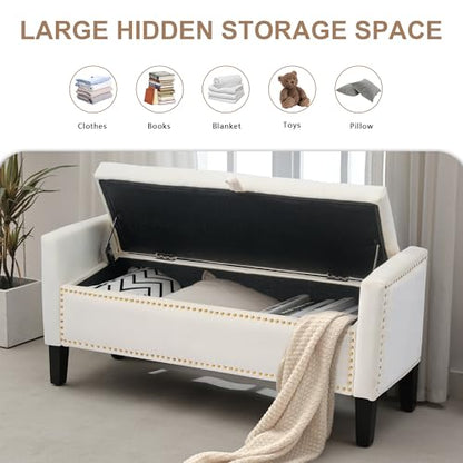 Velvet Storage Ottoman Bench, 46'' Upholstered Button Tufted End of Bed Bench, Modern Entryway Ottoman Bench with Arms, Beige