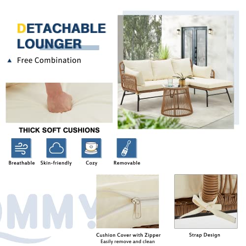 3 Piece Patio Furniture Set, L-Shaped Sectional Conversation Sofa Set with Thick Cushions and Toughened Glass Coffee Table for Backyard Balcony Garden Porch, White