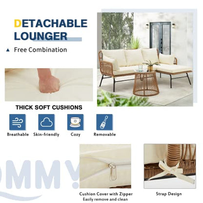 3 Piece Patio Furniture Set, L-Shaped Sectional Conversation Sofa Set with Thick Cushions and Toughened Glass Coffee Table for Backyard Balcony Garden Porch, White