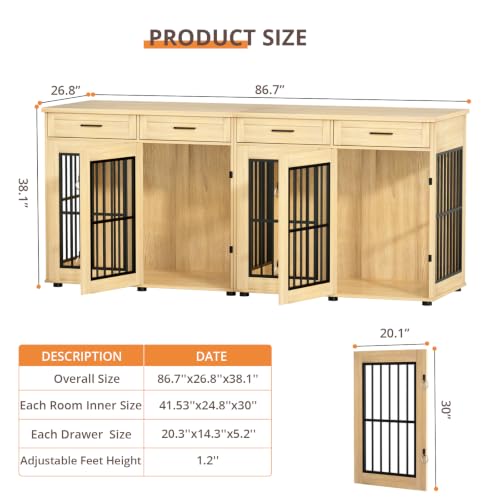 87"Dog Crate Furniture for 2 Dogs, Double Dog Cage Furniture,Natural, view 3