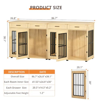 87"Dog Crate Furniture for 2 Dogs, Double Dog Cage Furniture,Natural, view 3