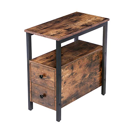End Table, Narrow Chairside Table with Drawer and Open Storage Shelf, Nightstand for Small Spaces, Stable and Sturdy Construction, Wood Look Accent Furniture, Rustic Brown and Black BF548BZ01G3