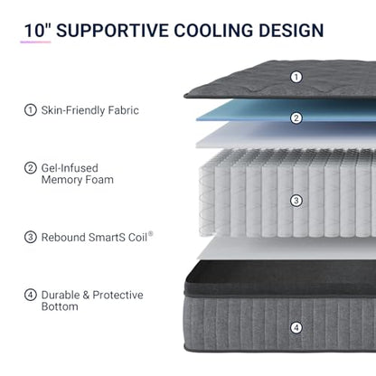 Twin Mattress, 10 Inch Twin Size Mattress in a Box, Medium Firm Hybrid Mattresses with Smarts™ Coil and Gel Memory Foam for Cool Night Sleep & Pressure Relief, CertiPUR-US Certified