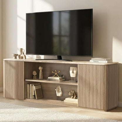 70" Modern Fluted TV Stand for TVs Up to 80", Faux Marble Top, Natural Oak, view 2