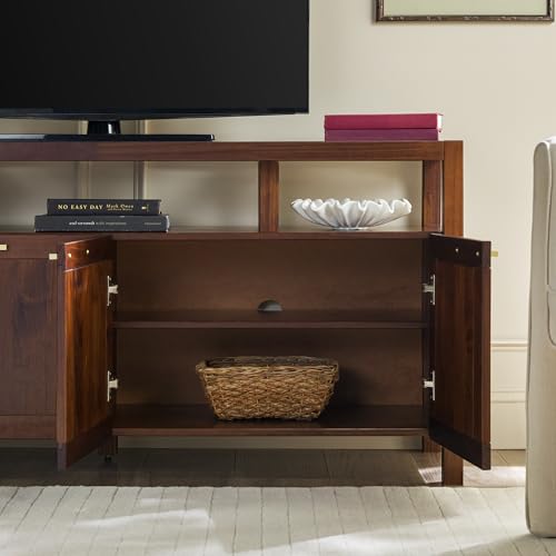 Isla Modern Solid Wood TV Stand with Tempered Glass Top and Shadow Box Shelf, 58 Inch, Walnut