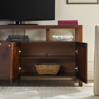 Isla Modern Solid Wood TV Stand with Tempered Glass Top and Shadow Box Shelf, 58 Inch, Walnut